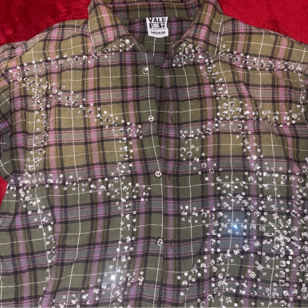 VALE Embellished Plaid Button-Up Shirt in Olive and Purple - Picture 2 of 8